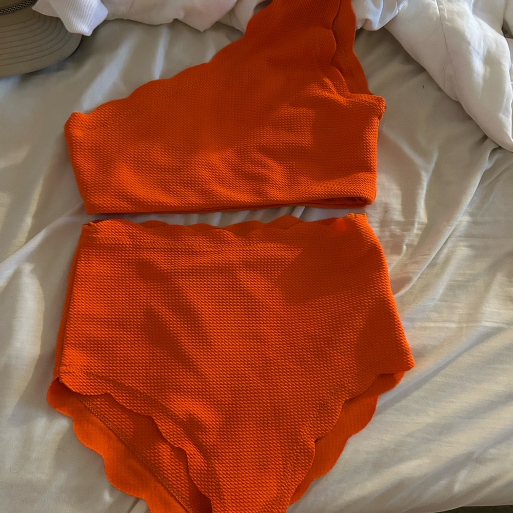 Source Unknown Orange One-Shoulder Scalloped High-Waist Bikini